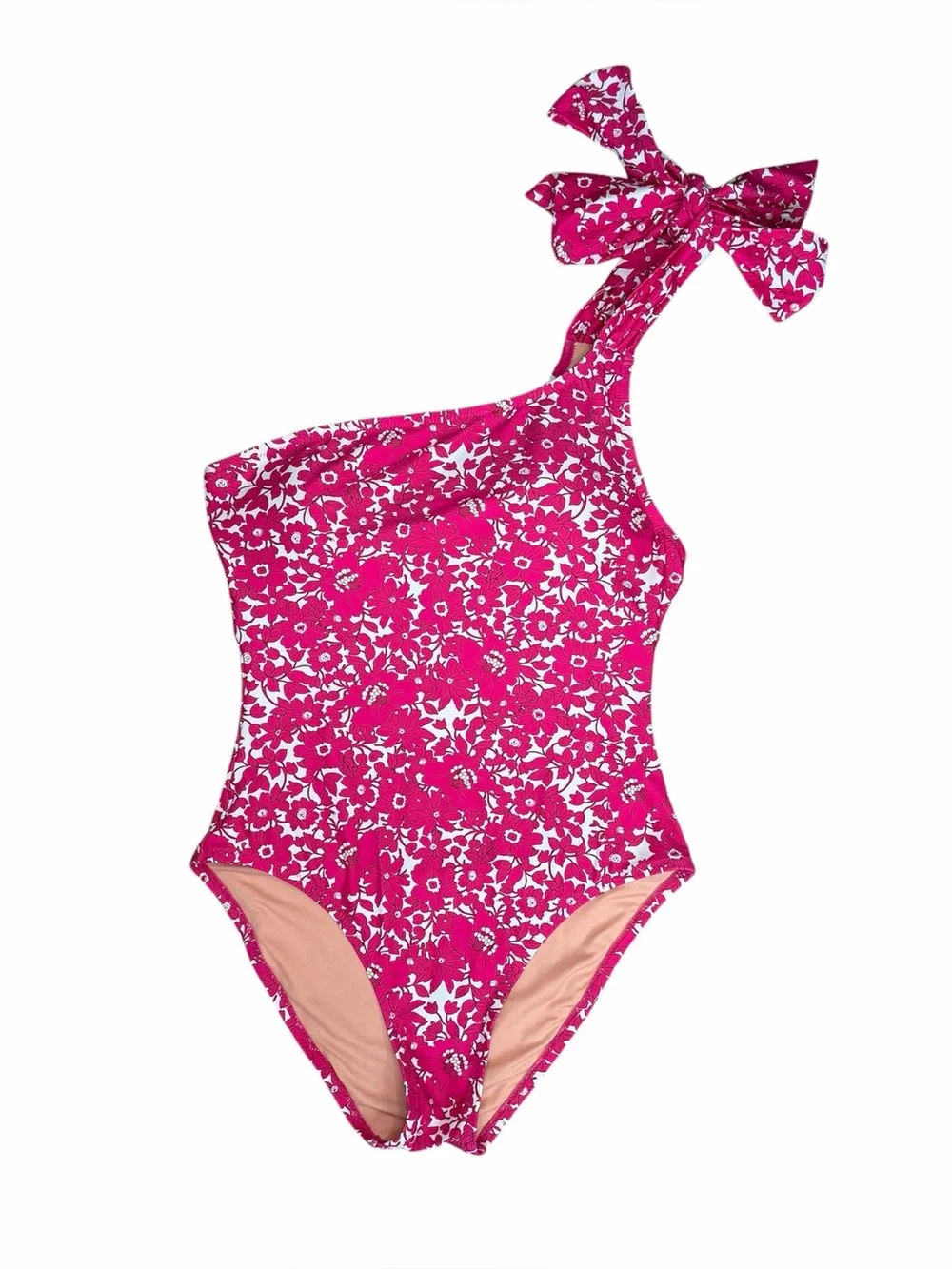 J. Crew One Shoulder One Piece Swimsuit Pink Floral Bow Size 10 Bathing Suit